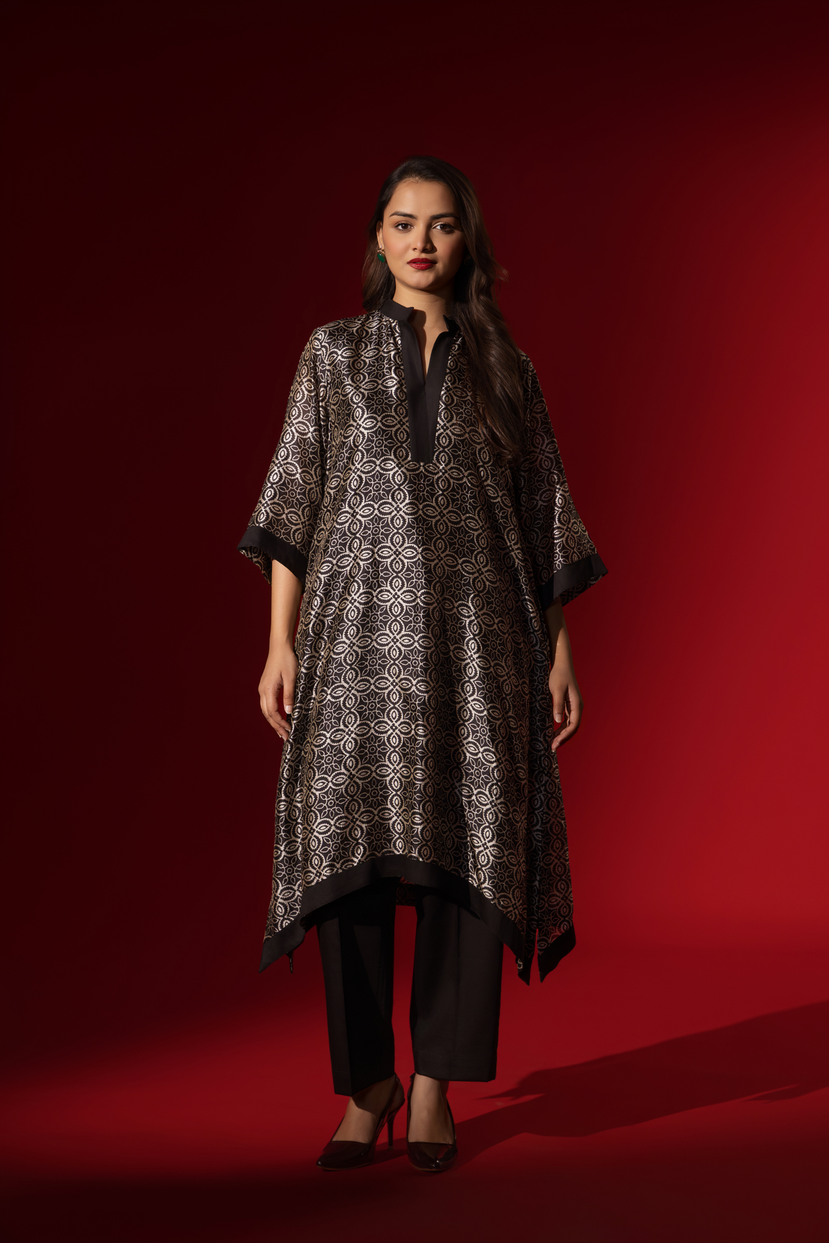 Richa Anirudh in Naseebo Shadow Bloom Ebony Ivory Silk Coord Set