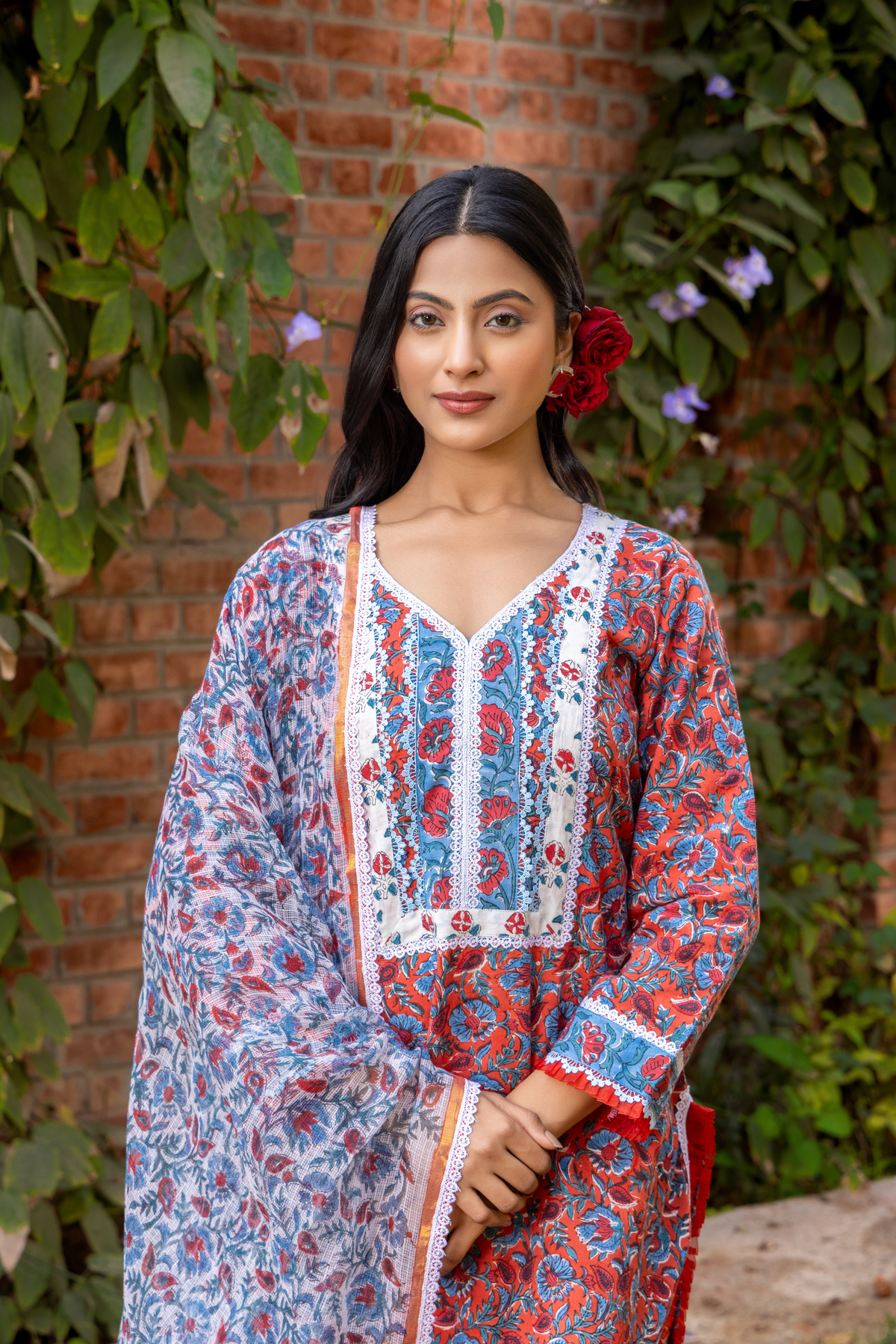 Naseebo Sapphire Blossom Hand Block Printed Cotton Kurta Set