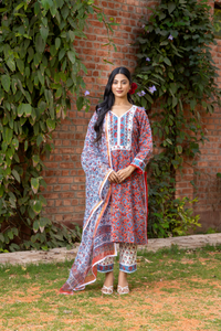 Naseebo Sapphire Blossom Hand Block Printed Cotton Kurta Set