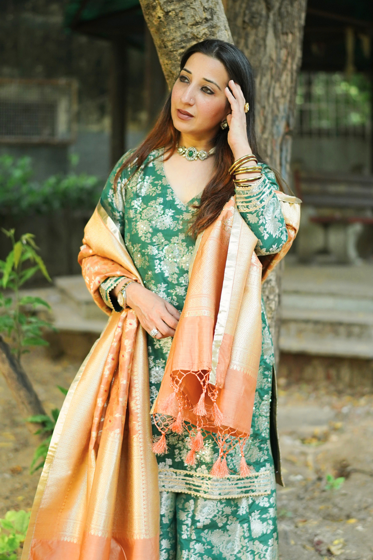 Naseebo Forest Jewel Brocade Sharara Set