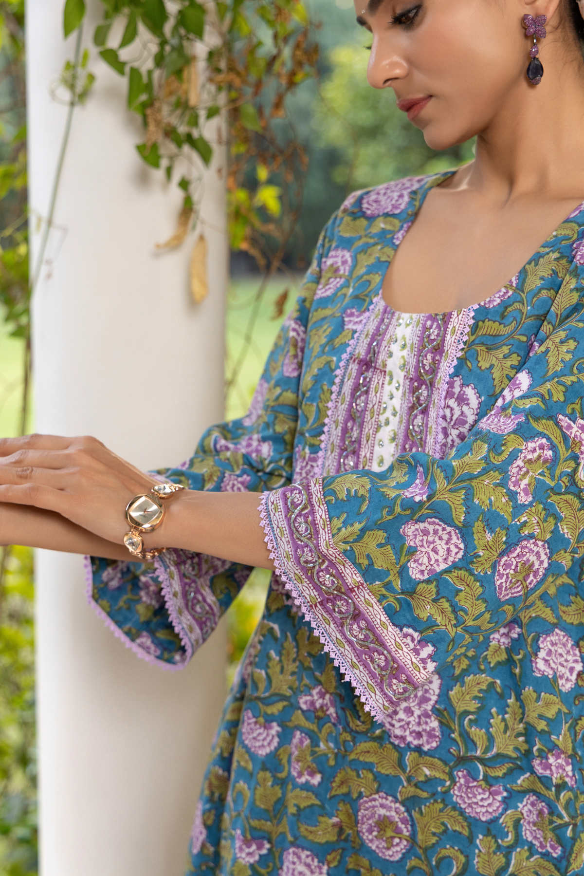 Naseebo Peacock Elegance Hand Block Printed Cotton Kurta Set