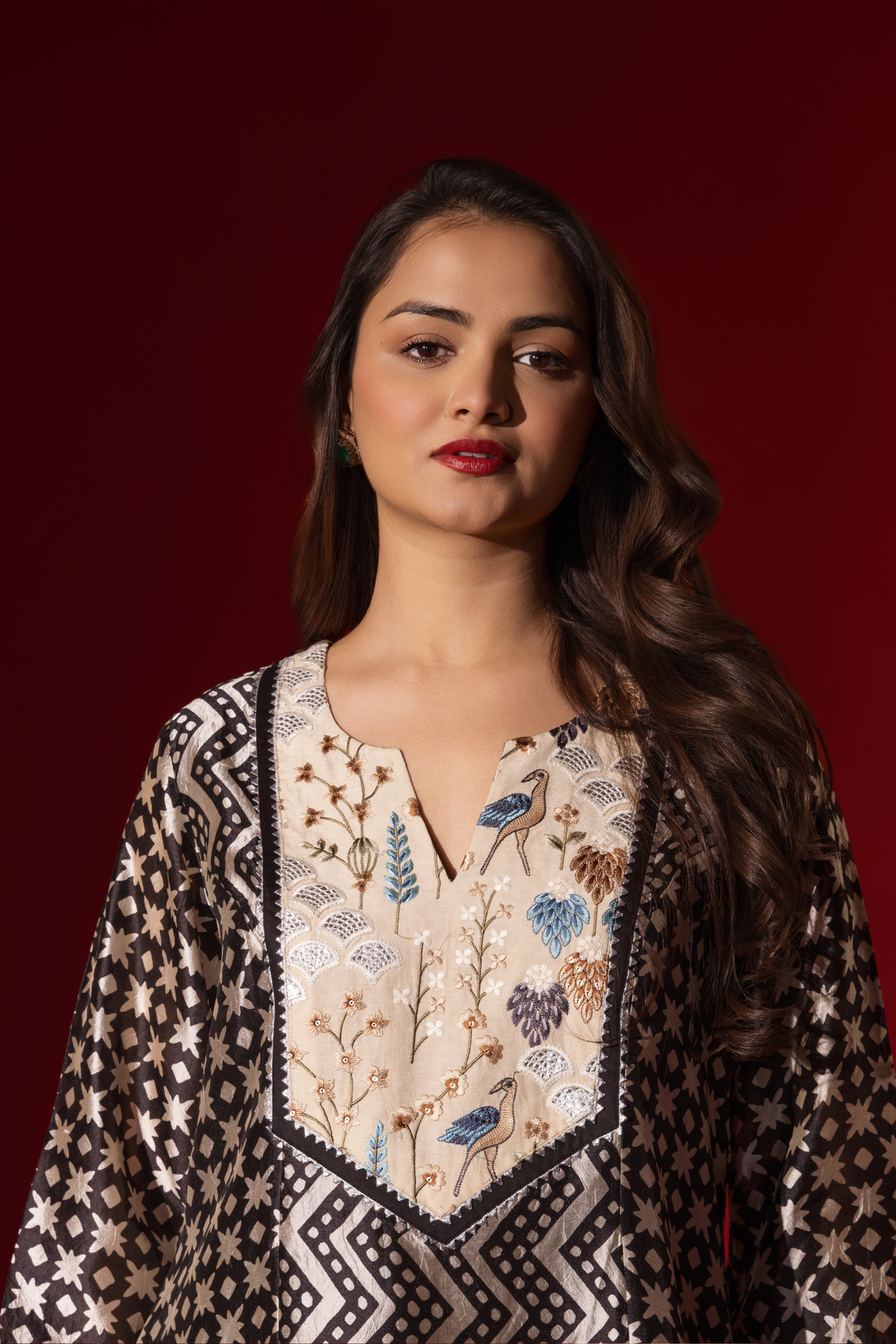 Naseebo Zig Zag Rhythm Ebony Ivory Silk Coord Set