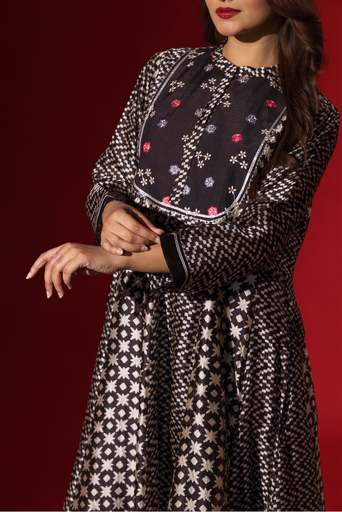 Naseebo Floral Mosaic Ebony Ivory Silk Anarkali Coord Set