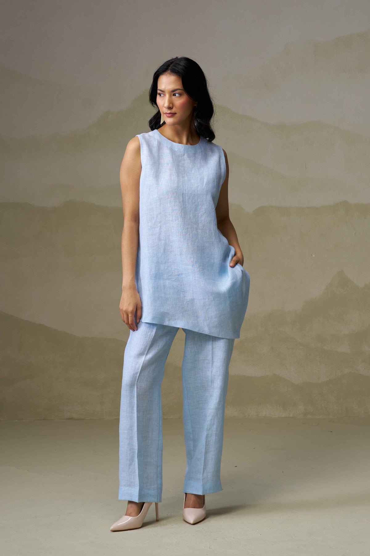 Babita Jaishankar in Naseebo Powder Blue Asymmetric Linen Co-ord Set