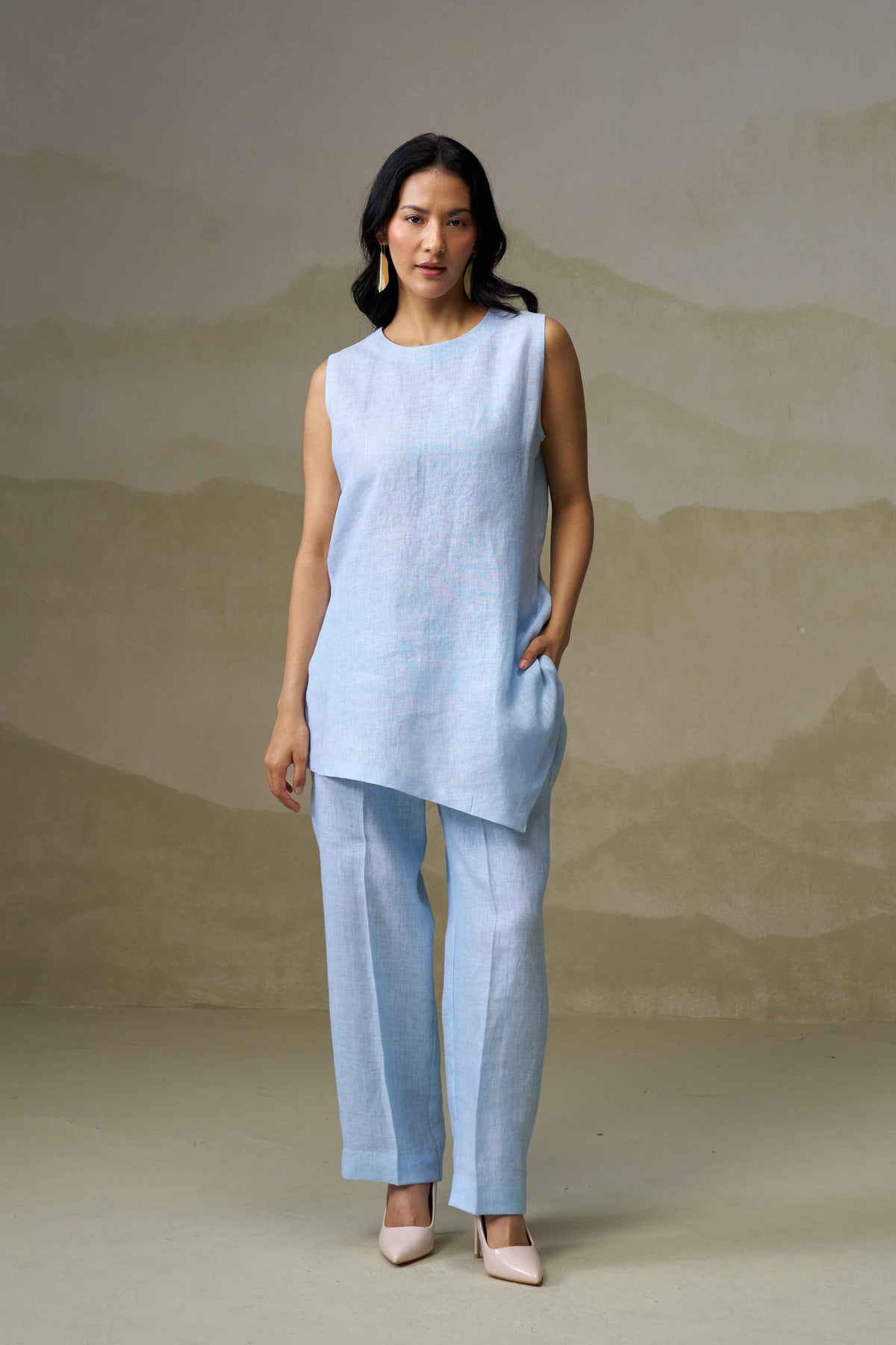 Babita Jaishankar in Naseebo Powder Blue Asymmetric Linen Co-ord Set