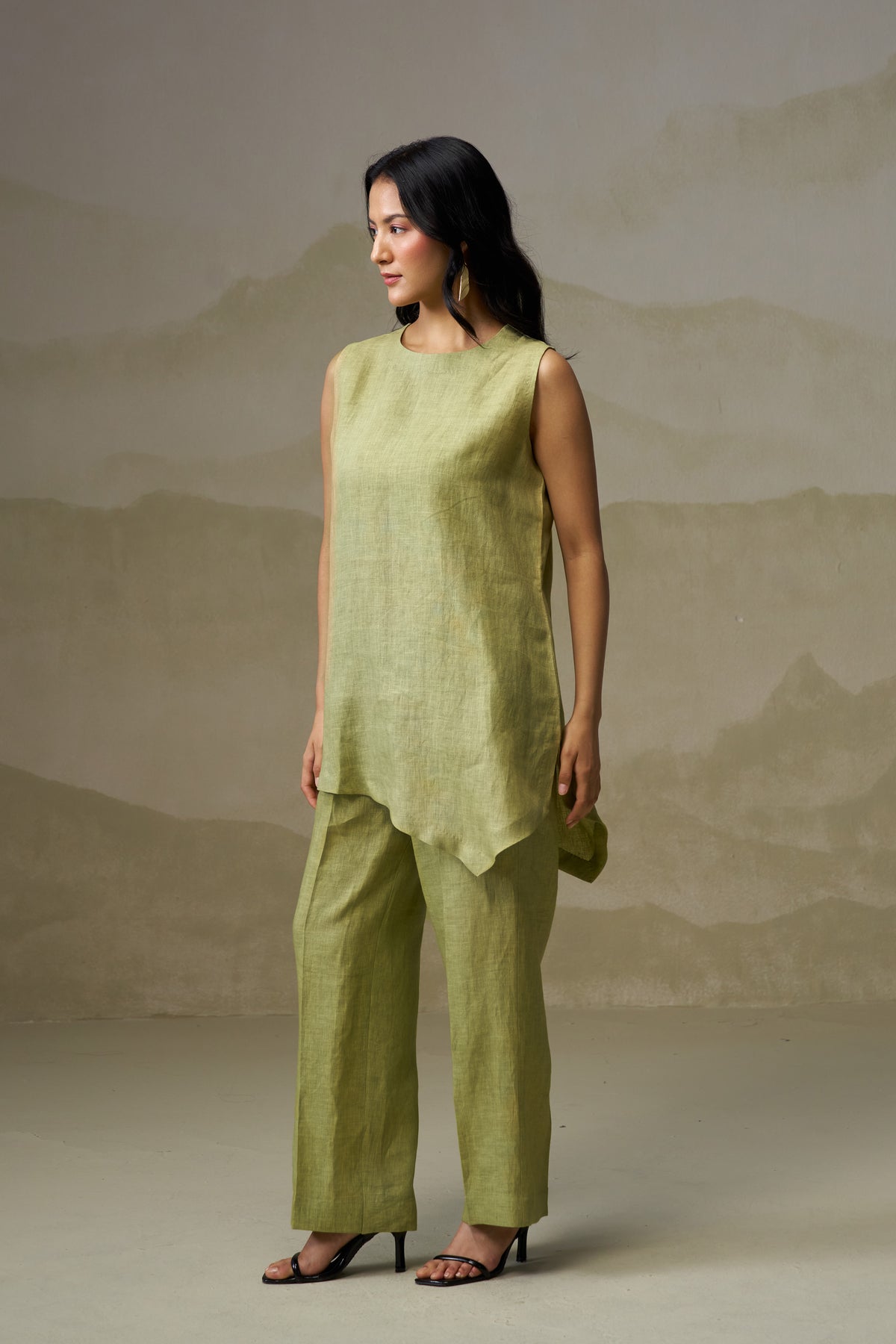 Naseebo Olive Whisper Asymmetric Linen Co-ord Set