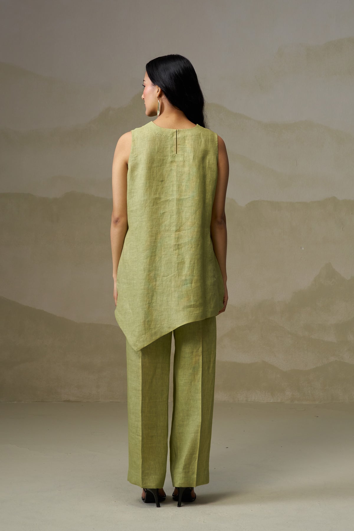 Naseebo Olive Whisper Asymmetric Linen Co-ord Set