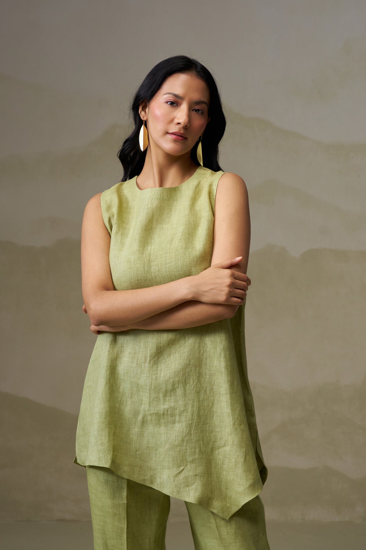 Naseebo Olive Whisper Asymmetric Linen Co-ord Set