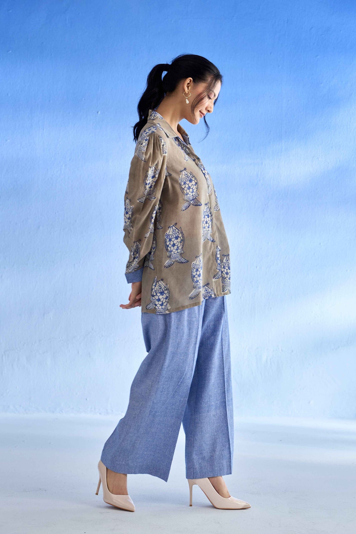 Grey and Blue Linen Shirt Set