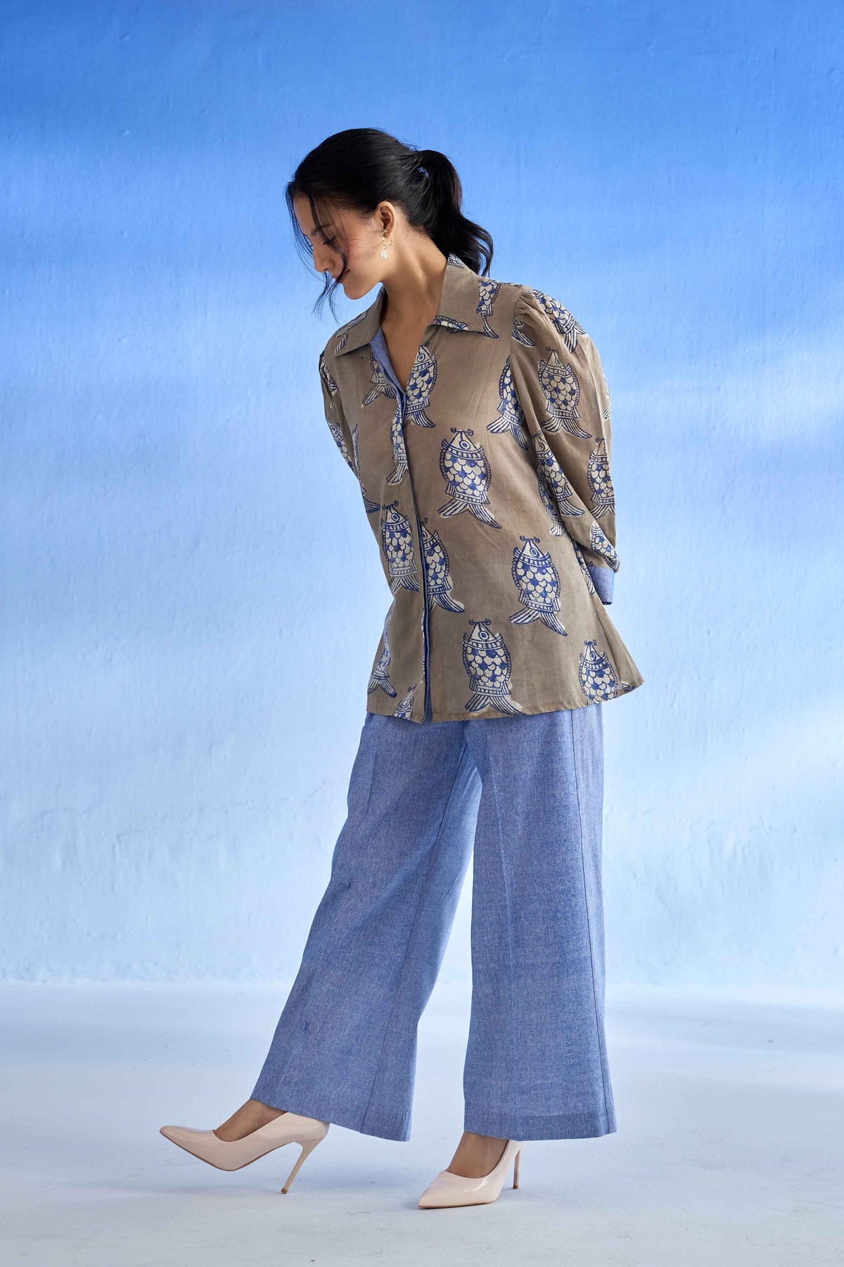 Grey and Blue Linen Shirt Set
