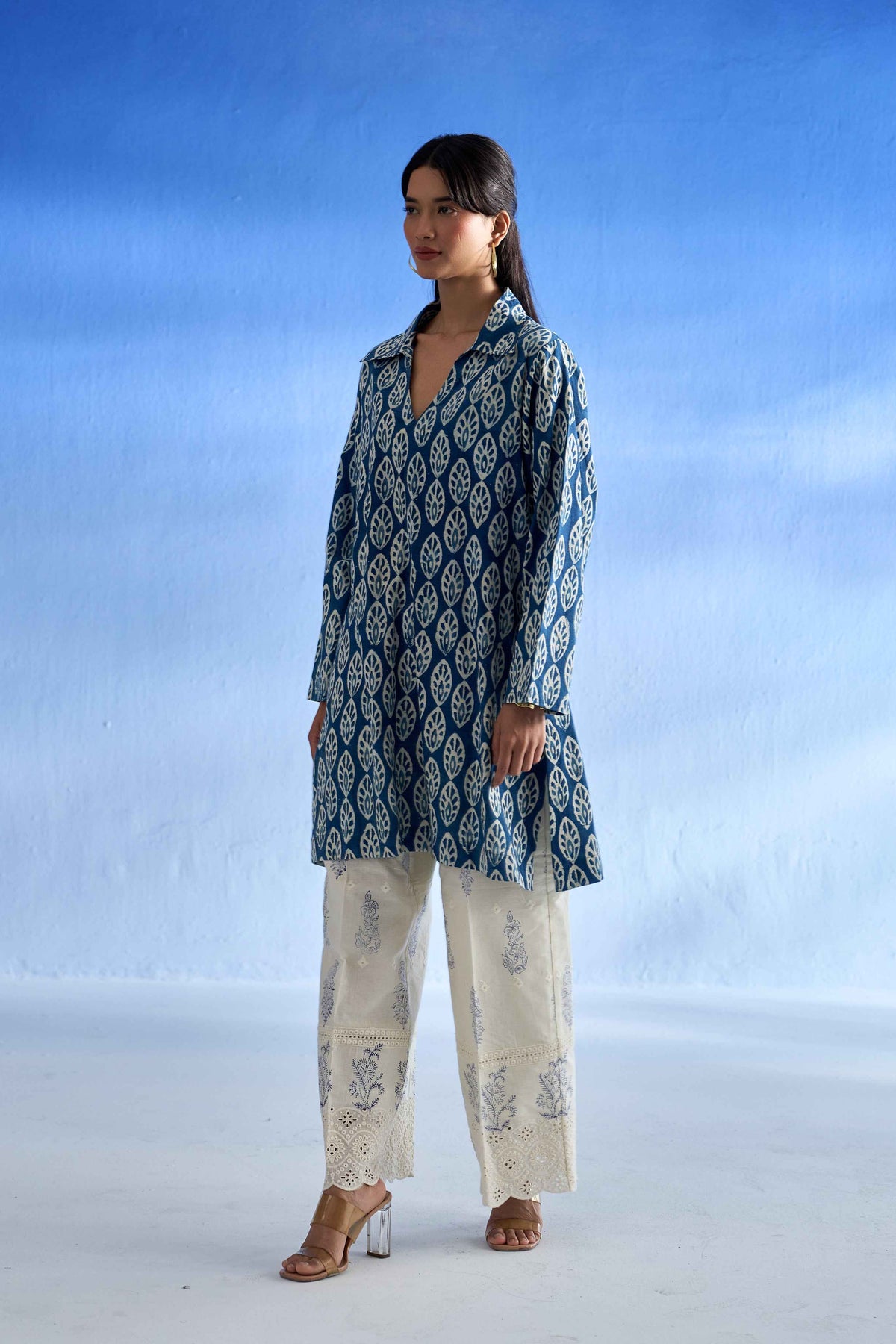 Blue and White Linen Kurta Set