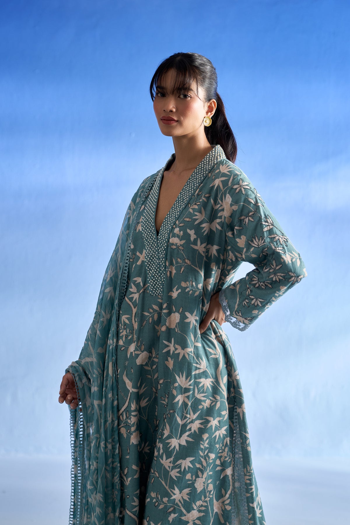 Richa Anirudh in Naseebo Azure Blossom Linen Kurta Set