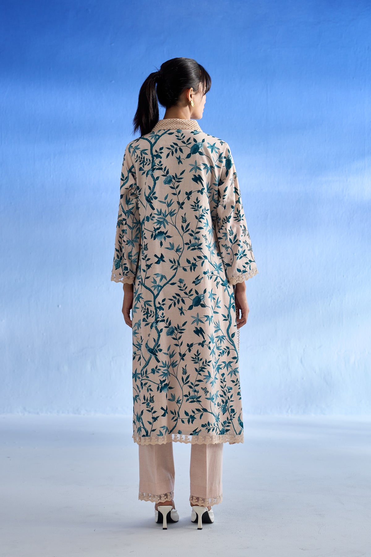 Naseebo Ivory Bloom Linen Kurta Set