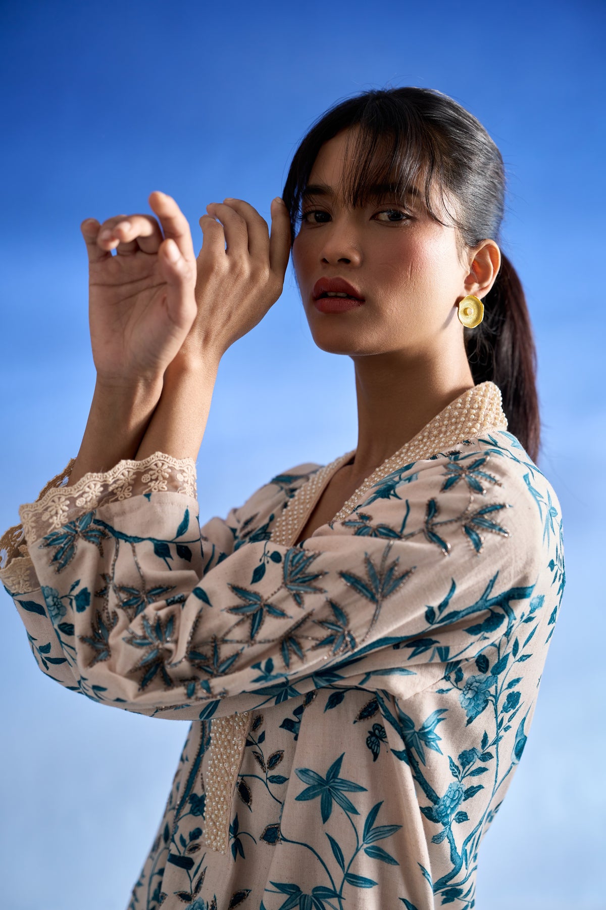Naseebo Ivory Bloom Linen Kurta Set