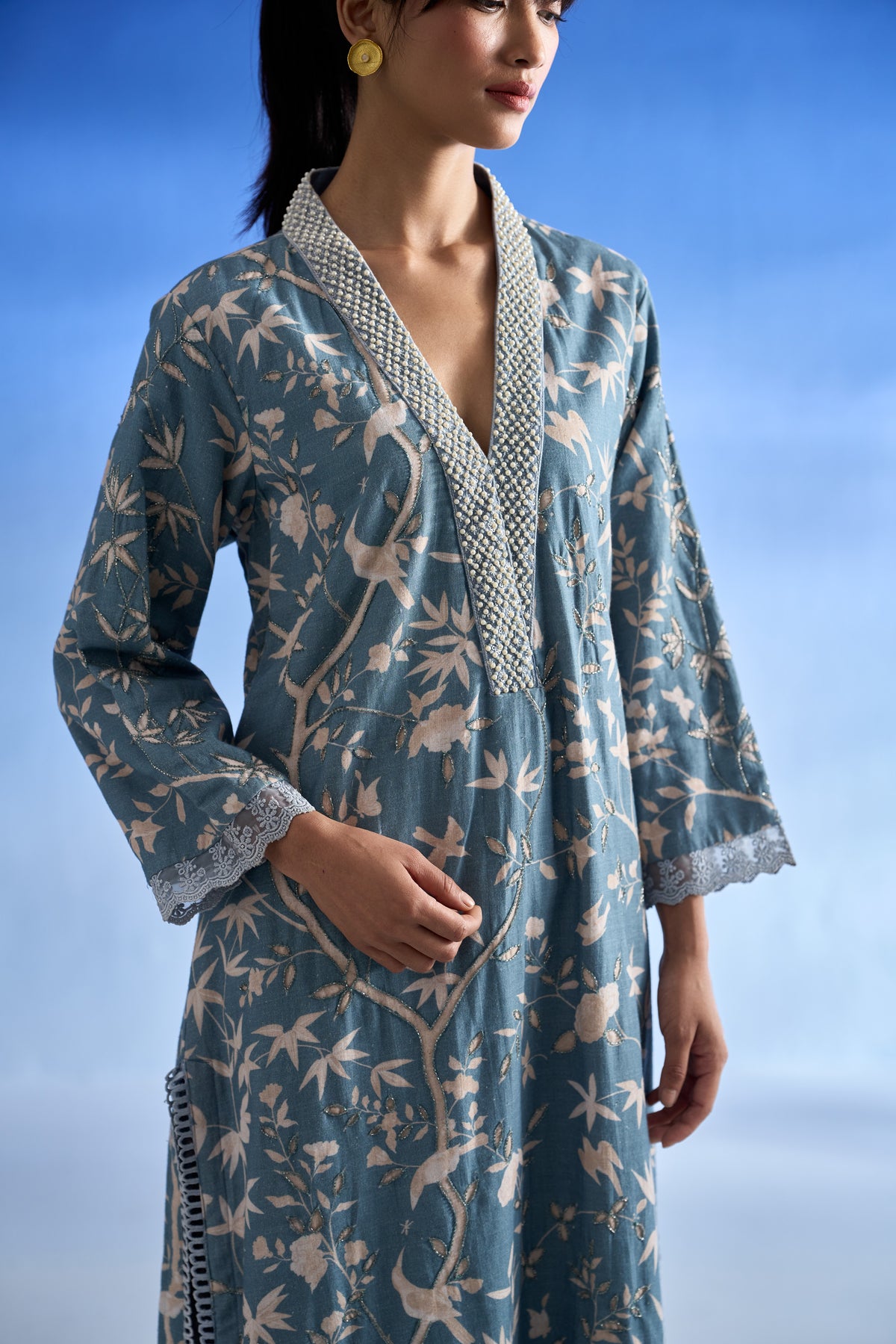 Richa Anirudh in Naseebo Azure Blossom Linen Kurta Set