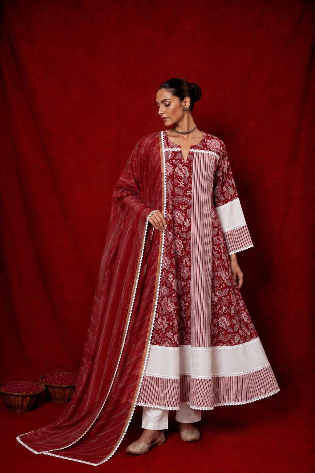 Naseebo Zareen Stripes Block Printed Anarkali Kurta Set