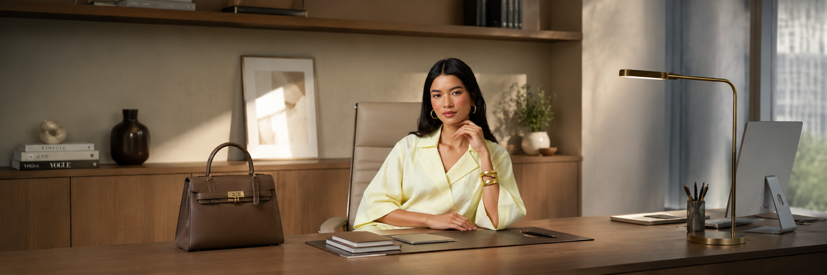Woman in a yellow blouse sitting at a wooden desk in a modern office, with a handbag and framed art behind her.