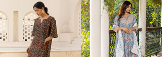 Two women in elegant, floral ethnic dresses. The left woman stands by a white wall, hands in pockets. The right, on a veranda, gazes right, looking serene.