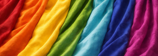 Close-up of flowing fabric in rainbow colors, featuring red, orange, yellow, green, blue, and purple shades arranged side by side.