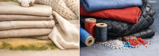 Side-by-side image showing natural and synthetic fabrics: on the left, neatly folded beige and cream textiles with cotton bolls and a knitted blanket; on the right, stacked colorful synthetic fabrics with spools of thread and scattered plastic pellets.