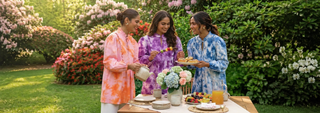 Three women in colorful dresses enjoy a garden picnic, surrounded by blooming flowers. They're smiling, holding snacks, and the scene feels joyful and relaxing.