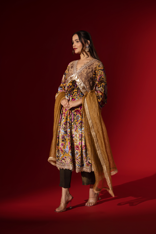 Naseebo Ochre Regal Printed Velvet Kurta Set