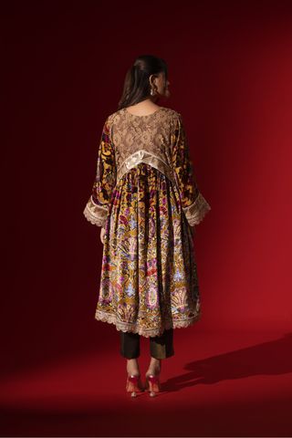 Naseebo Ochre Regal Printed Velvet Kurta Set