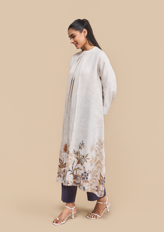 Naseebo Ella Blue Linen Floral Pleated Kurta Set