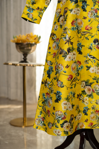 Yellow Floral Printed Raw Silk Kurta With Pants