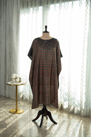 Shimmering Mosaic Silk Kaftan with Pants