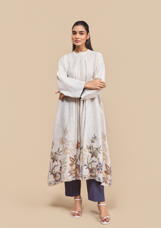 Naseebo Ella Blue Linen Floral Pleated Kurta Set