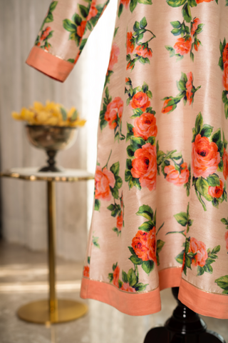Cream Floral Printed Raw Silk Kurta With Pants