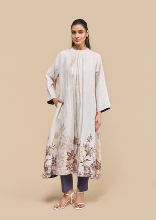 Naseebo Ella Blue Linen Floral Pleated Kurta Set