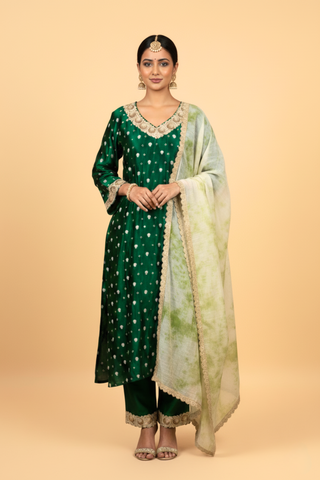 Naseebo Enchanted Emerald Silk Brocade Kurta Set