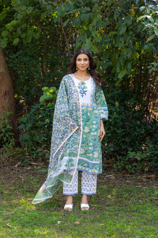 Naseebo Mystic Green Hand Block Printed Cotton Kurta Set