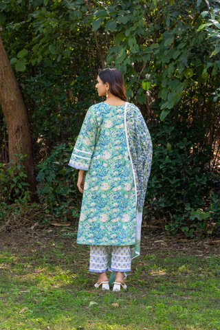 Naseebo Mystic Green Hand Block Printed Cotton Kurta Set