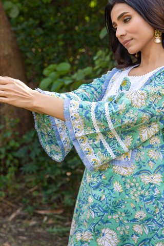 Naseebo Mystic Green Hand Block Printed Cotton Kurta Set