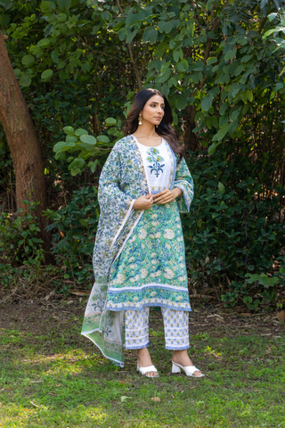 Naseebo Mystic Green Hand Block Printed Cotton Kurta Set