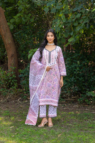 Naseebo Pink Serenity Hand Block Printed Cotton Kurta Set