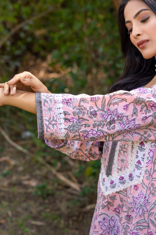 Naseebo Pink Serenity Hand Block Printed Cotton Kurta Set