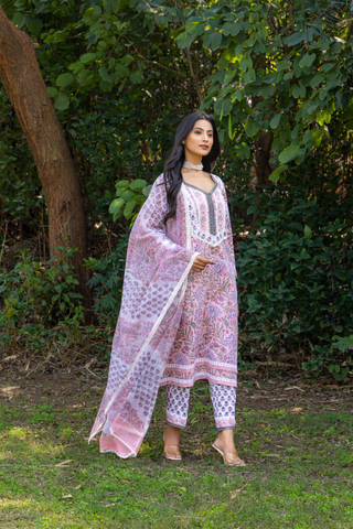Naseebo Pink Serenity Hand Block Printed Cotton Kurta Set