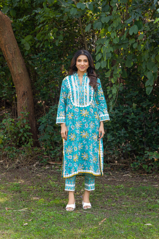 Naseebo Blue Meadow Hand Block Printed Cotton Kurta Set