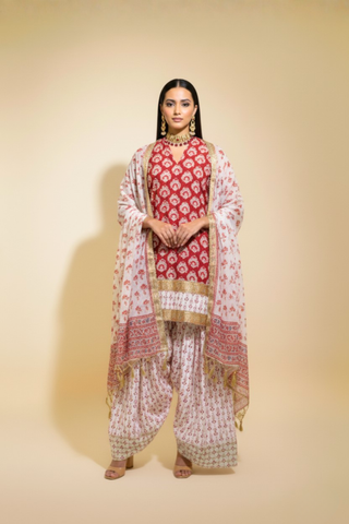 Naseebo Red Mughal Hand Block Printed Cotton Farshi Salwar Set