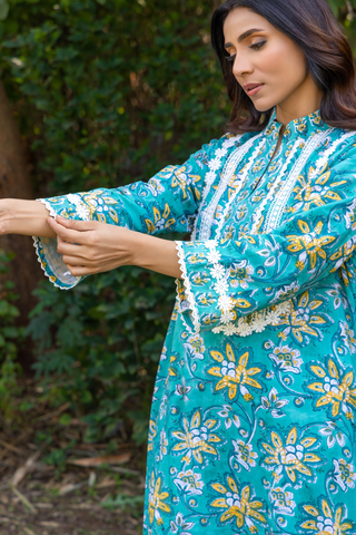 Naseebo Blue Meadow Hand Block Printed Cotton Kurta Set