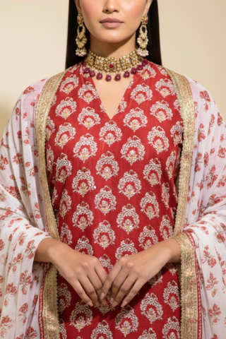 Naseebo Red Mughal Hand Block Printed Cotton Farshi Salwar Set