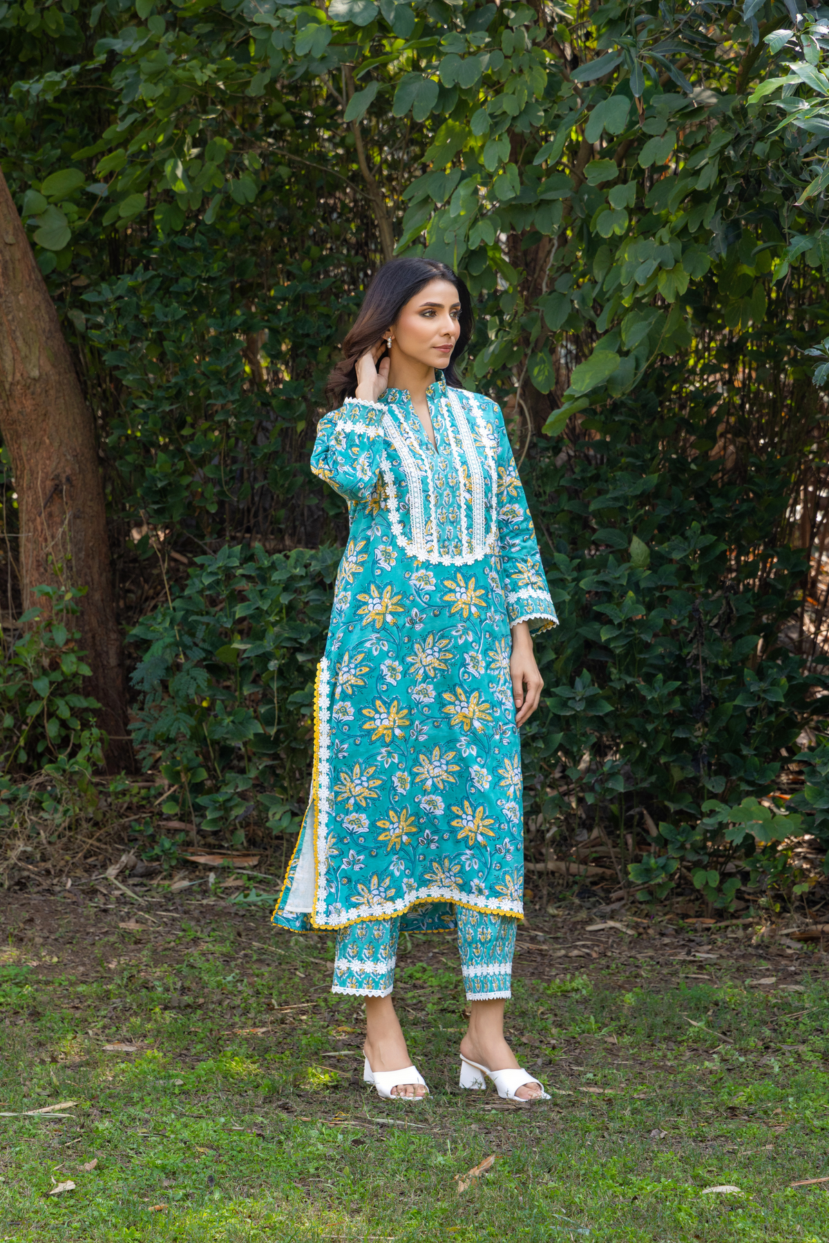Naseebo Blue Meadow Hand Block Printed Cotton Kurta Set