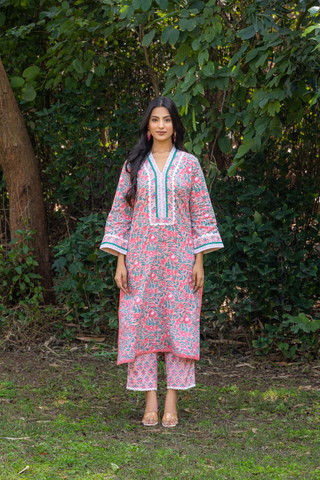 Naseebo Floral Charm Hand Block Printed Cotton Kurta Set