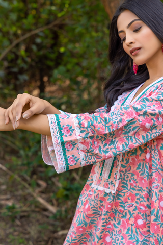 Naseebo Floral Charm Hand Block Printed Cotton Kurta Set