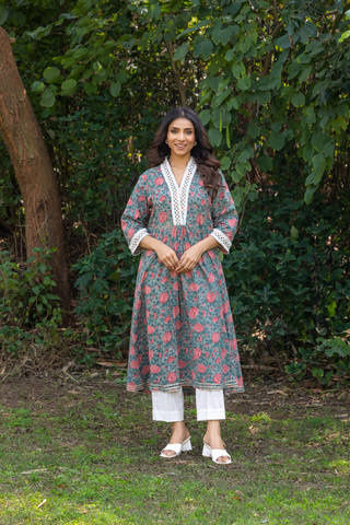 Naseebo Dusky Petals Hand Block Printed Cotton Kurta Set