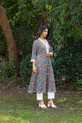 Naseebo Dusky Petals Hand Block Printed Cotton Kurta Set